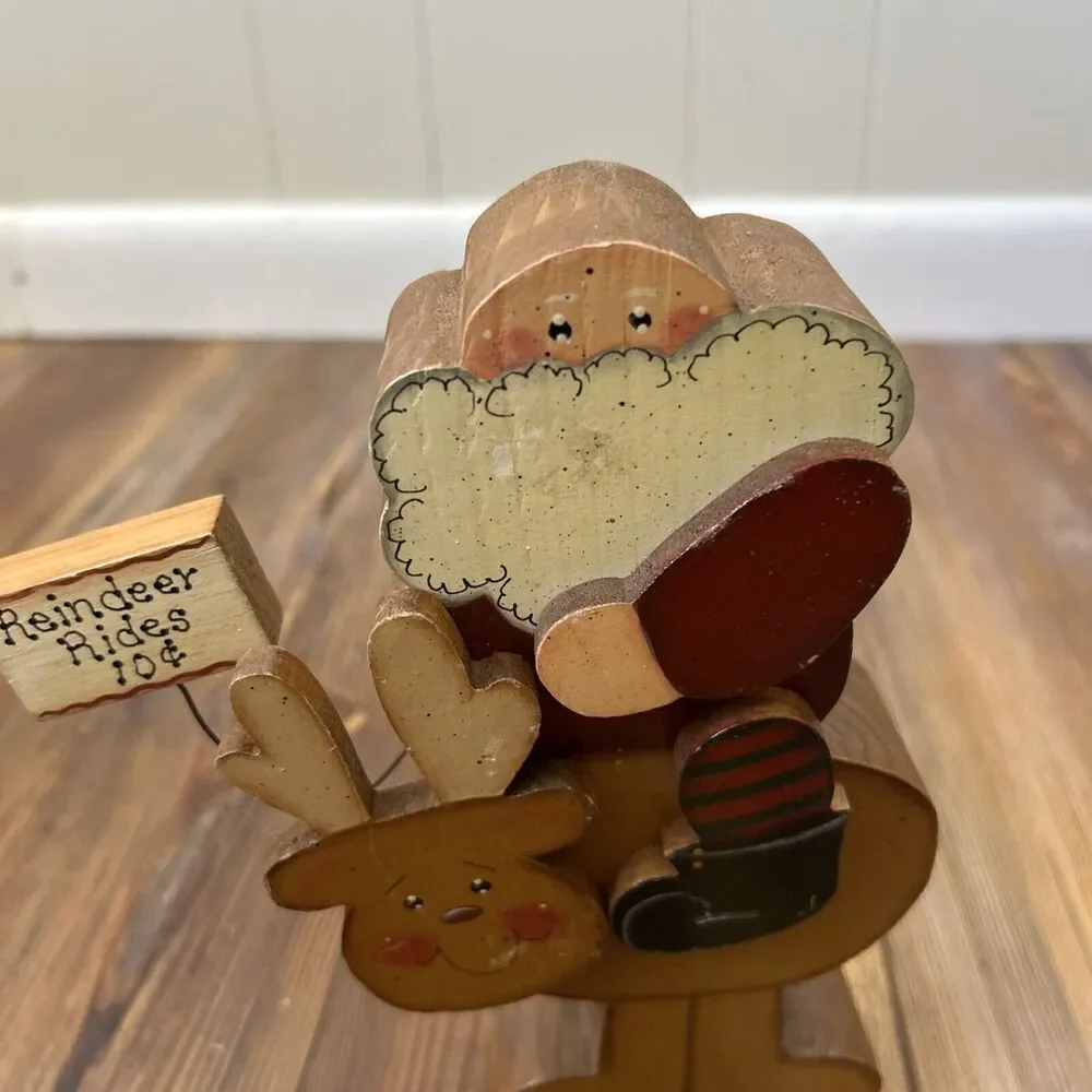 Vintage Hand Painted & Carved Wood Crafted Santa Claus Riding Reindeer Rudolph